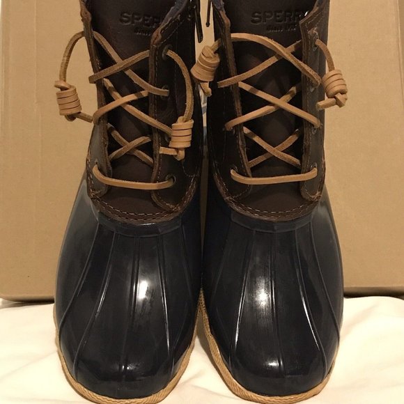 SPERRY Top Sider Saltwater Duck Waterproof Boots 91175 Navy+ Brown Leather 7.5 - Picture 4 of 14